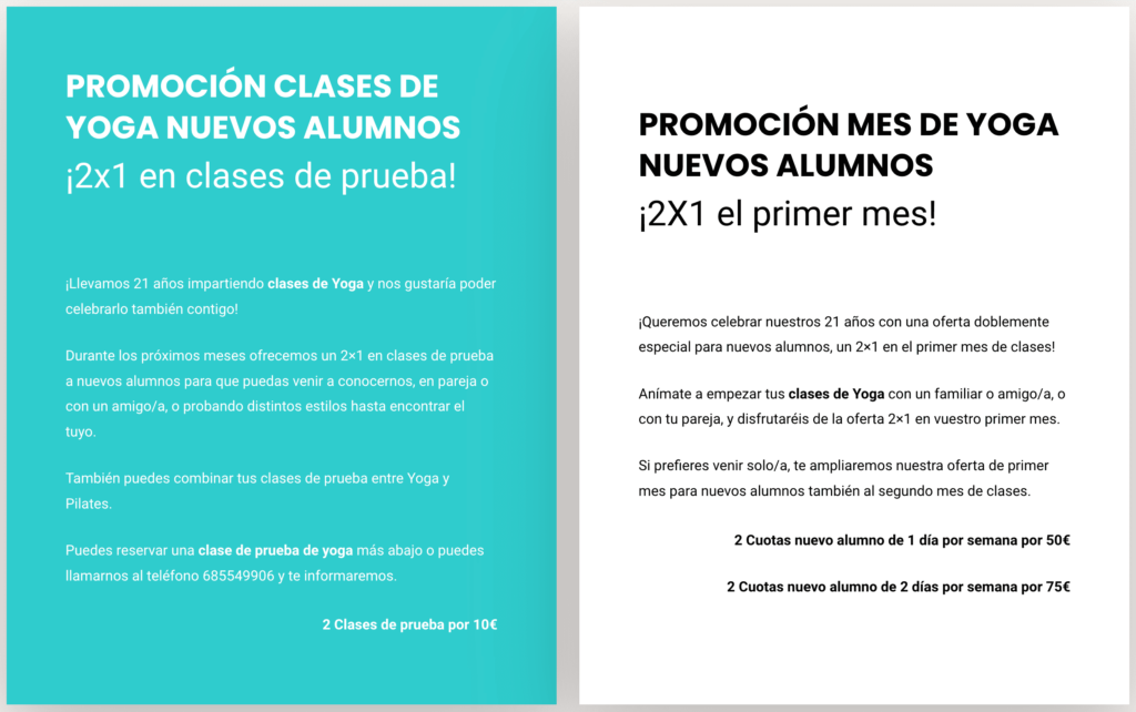 Promoción clases yoga y pilates 2x1
